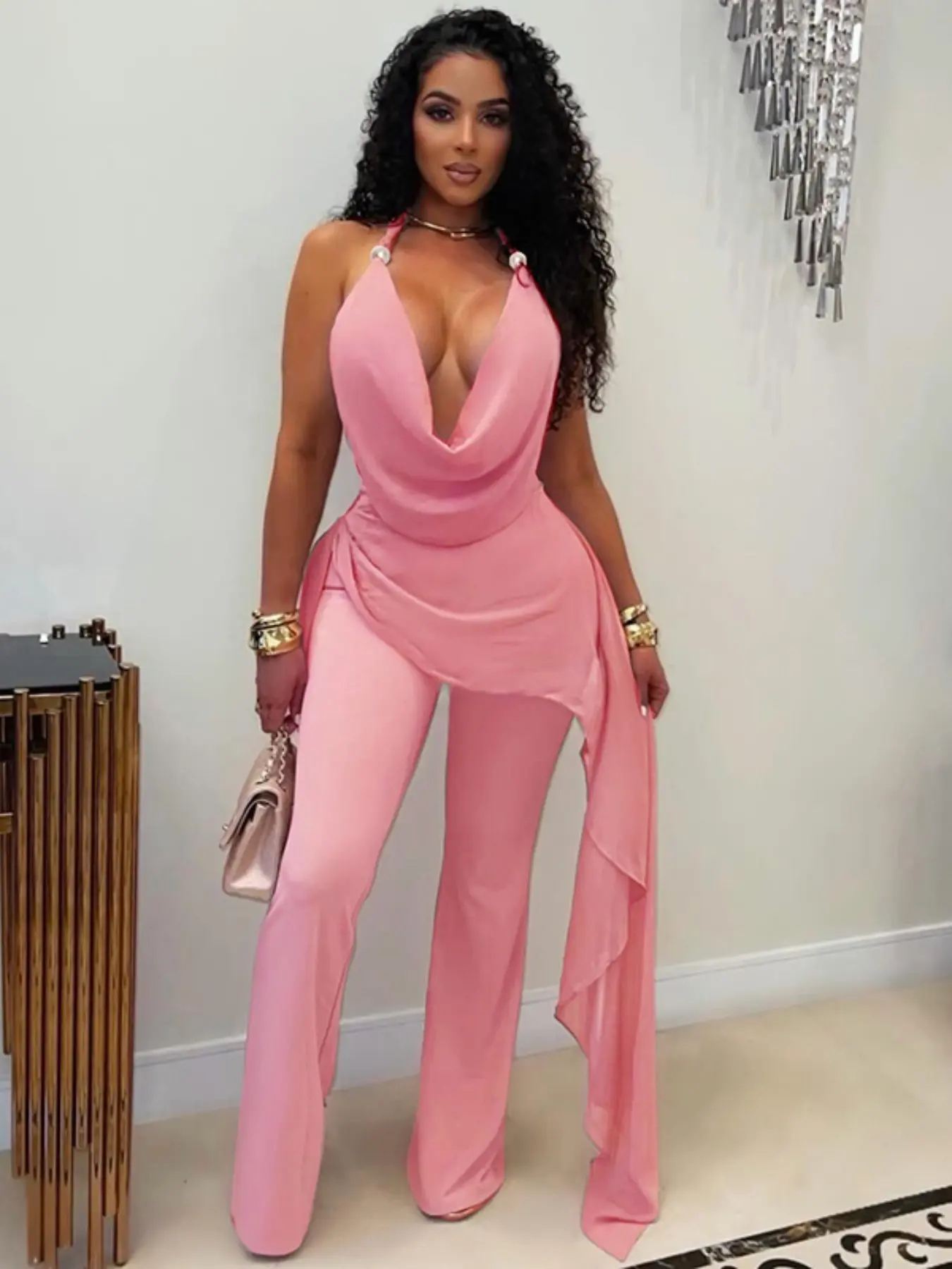 Women's Summer Solid Color Sleeveless Elegant Chic Deep V Strap Waist Jumpsuit, Fake Two-Piece Design, Fashionable for Parties, Vacations, Clubs, Womenswear