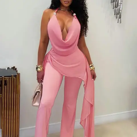 Women's Summer Solid Color Sleeveless Elegant Chic Deep V Strap Waist Jumpsuit, Dressy Casual Jumpsuit, Fake Two-Piece Design, Fashionable for Parties, Vacations, Clubs
