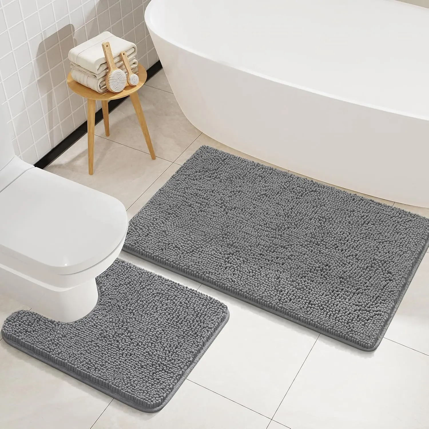 Bathroom Rugs Sets 2 count, Soft Non Slip Bath Mat Set, 20''x20'' U-Shaped Toilet Rug and 34''x21'' Light Grey Bath Rugs, Washable Absorbent Chenille Toilet Rug Set for Bathroom, Shower, Sink