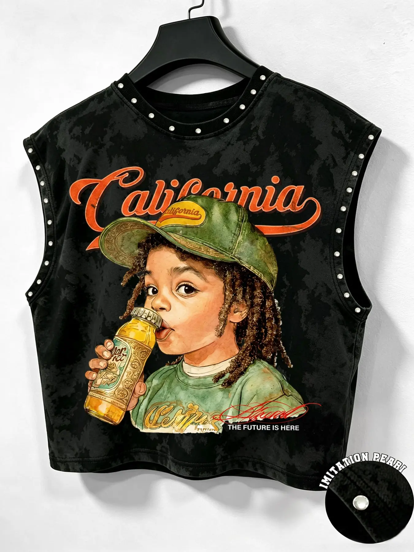 Y2K Grunge Graphic Print Muscle Tank Top for Men | Vintage Acid Wash Distressed California Retro Sleeveless Tee with Studded Pearl Collar | Summer Streetwear Music Festival Vest