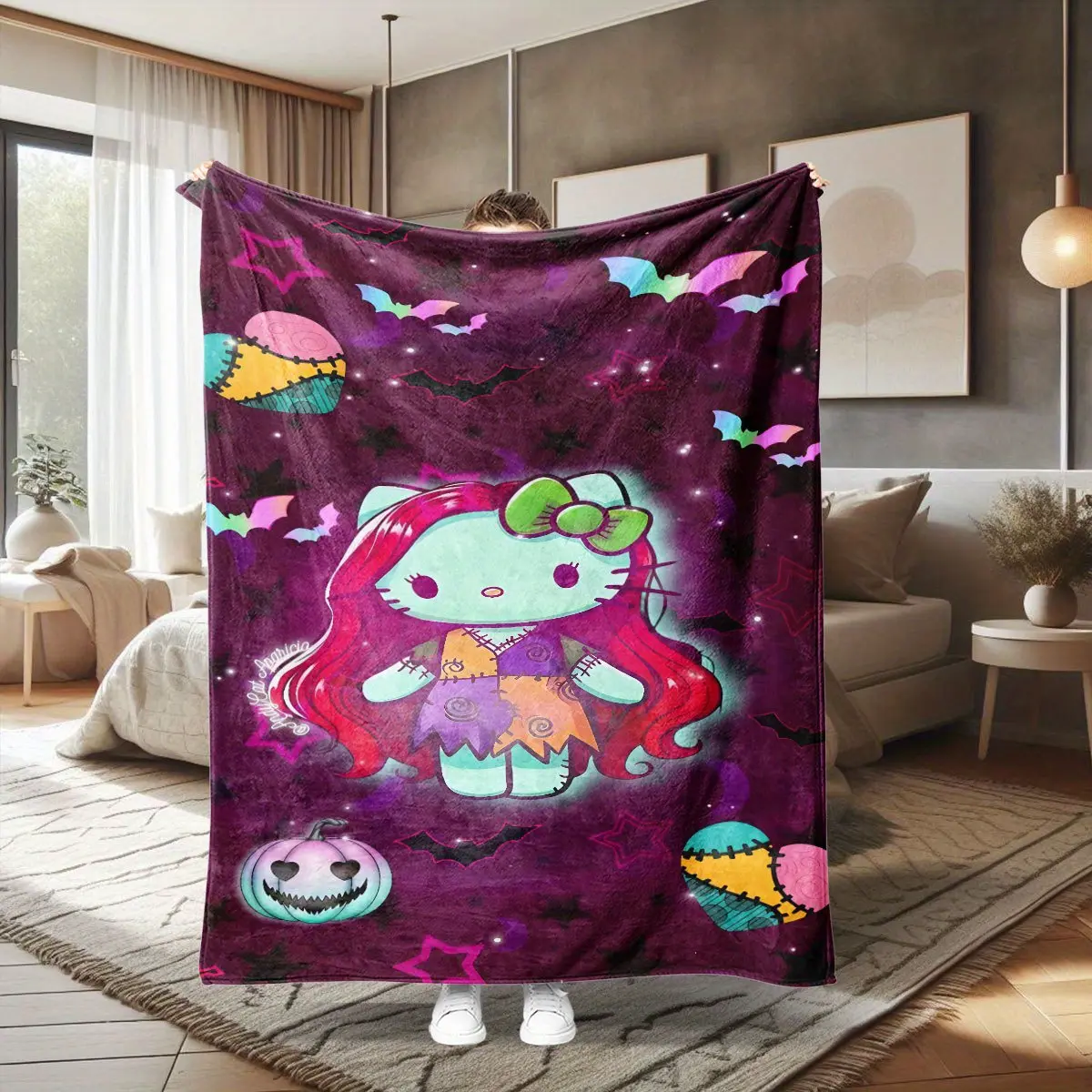 Hello Kitty Sally Flannel Throw Blanket Dark Purple Background Long Red Hair Patchwork Doll Colorful Bat Jack-O-Lantern Star Spooky Cartoon Soft Fleece Blanket Kawaii Halloween Girls Bedroom Sofa Decor Gift