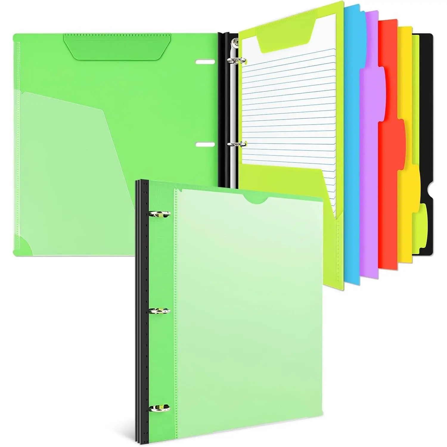 -in- Telescoping Binder Notebook ,Refillable 3 Ring Notebook Binder with 1 plastic movable pocket folder,5 plastic subject dividers and graph paper and college ruled paper - Green