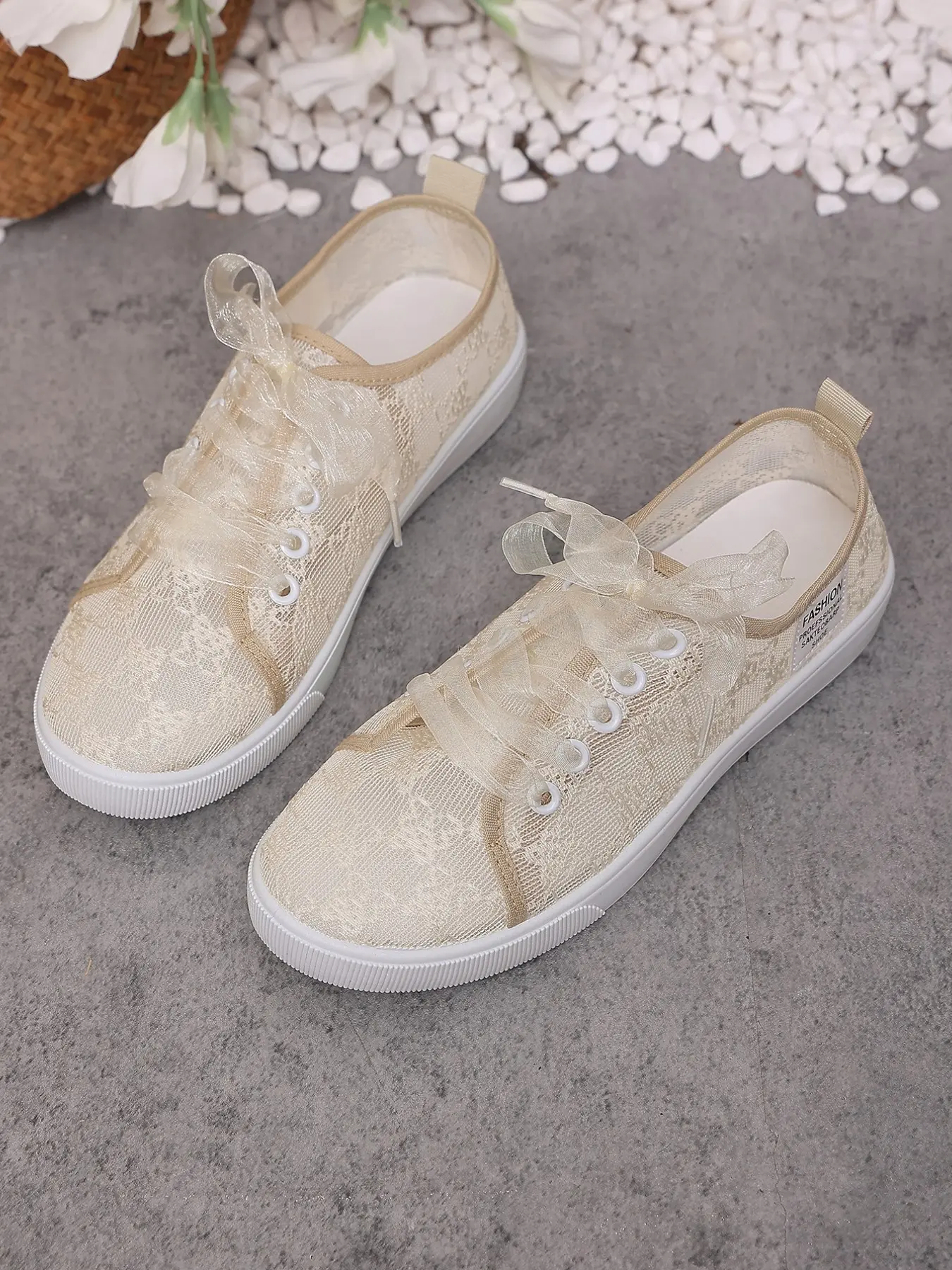 Dreamy Lace Mesh Canvas Shoes for Women, Transparent Hollow Out Thin Net Ribbon Tie Casual Sneakers, Breathable Flat Summer Commute Beach Shoes