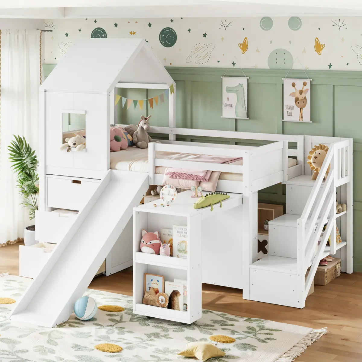 [Bellemave] Twin/Full Playhouse Loft Bed with Integrated Storage Drawers, Open Stair Shelves & Pull Out Desk, Low House Loft Bed Frame with Slide and Play Window, Easy Assembly