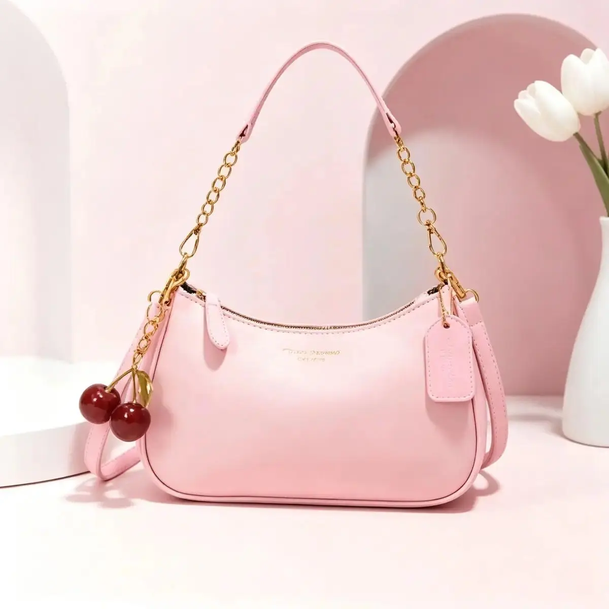 Y2K women shoulder bag, lightweight leather commuter crossbody bag, trendy cherry charm sweet cool hobo underarm bag, versatile daily work bag
