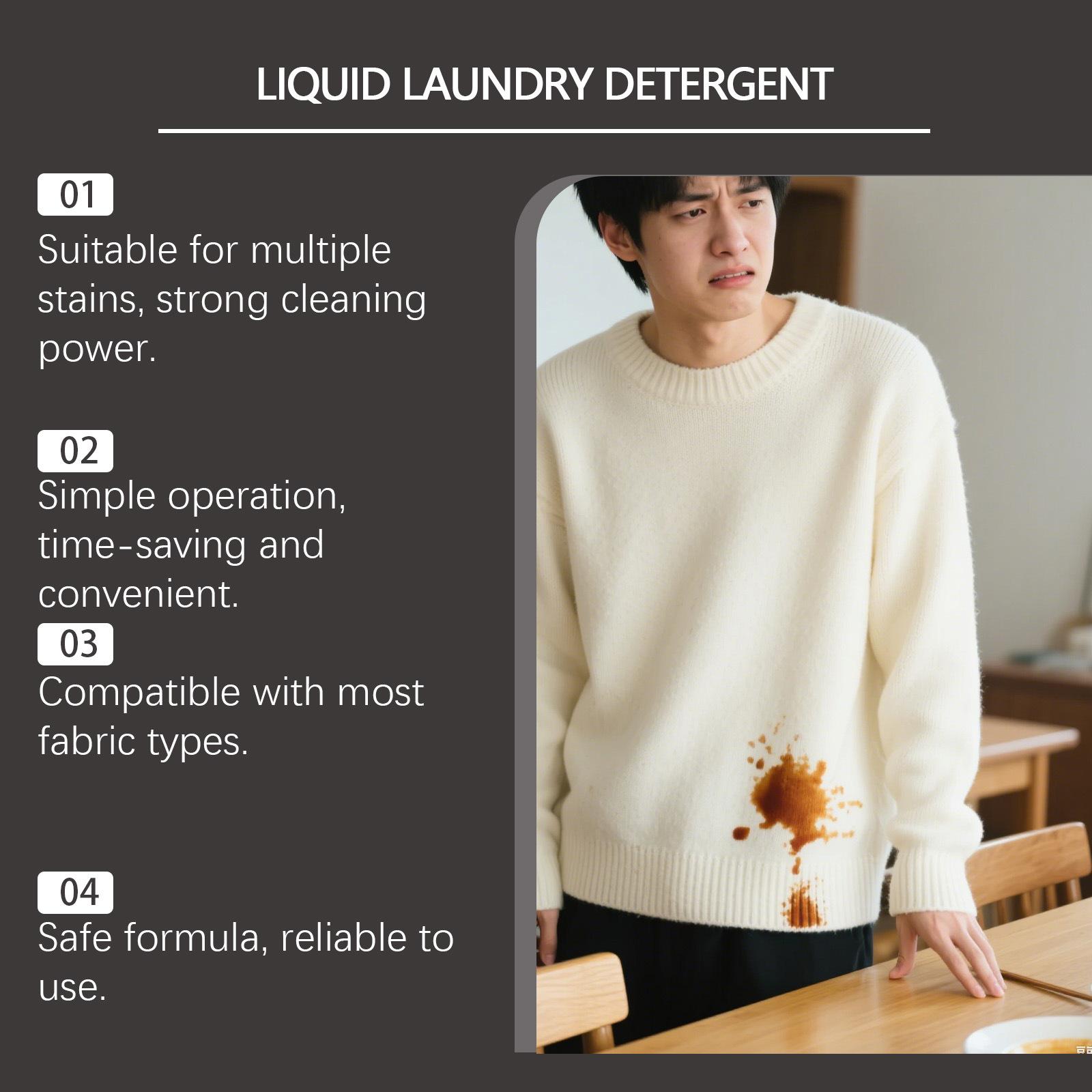 Clothing detergent gently removes stains and oil, cleans and renews clothes, provides convenient daily care and washing