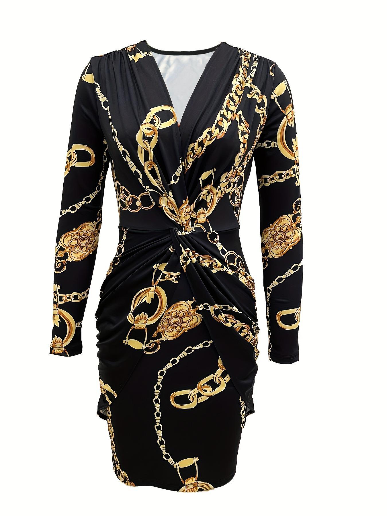Women's Chic Chain Print Twist Ruched Bodycon Dress, Elegant Fashion Formal Longsleeves V Neck Short Dress for Party, Homecoming Dresses, Dresses for Women, Women Dress for Spring Fall, Vintage Girly Clothes, Evening Party Dresses, Womenswear