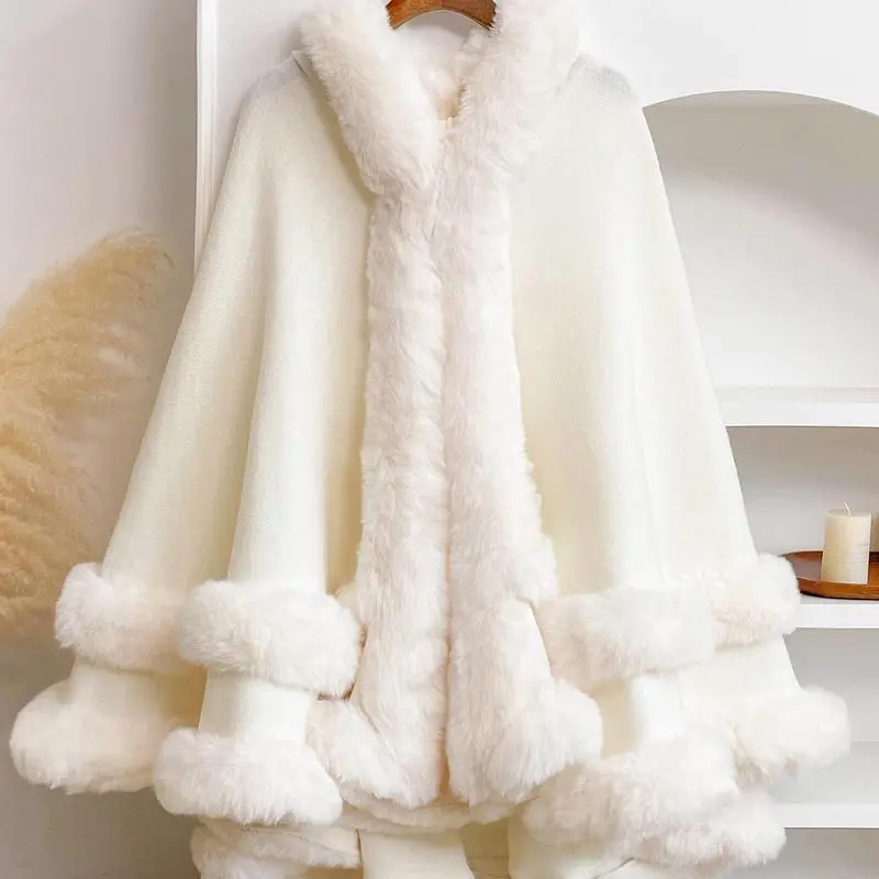 Luxury Faux Fur Hooded Cape Shawl, Soft Warm Wrap Poncho, Lightweight Cozy Cover Up for Cool Air-Conditioned Spaces, Fall Winter Outerwear, Versatile Accessory for Daily Home Wear & Party Events