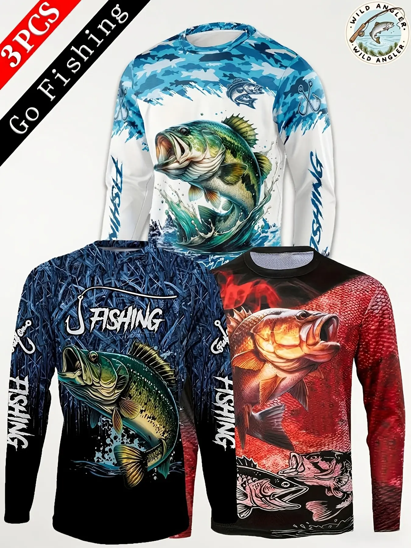 Men's 3-Pack Spring Summer 3D Printed T-Shirts, Casual Long Sleeve Slim Fit, Breathable Fashion for Sports and Fishing, Tops, Menswear