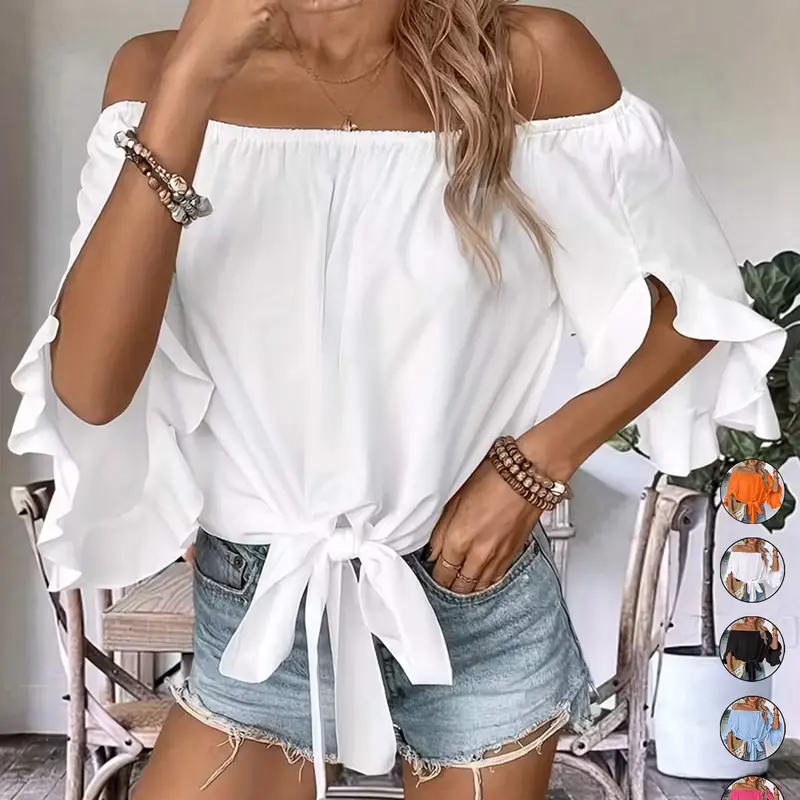 【Black Friday】Women's Casual Off-Shoulder Blouse with Ruffled Bell Sleeves, Elegant Feminine Design Loose Fit Shirt with Front-Tie Hem for Daily Wear