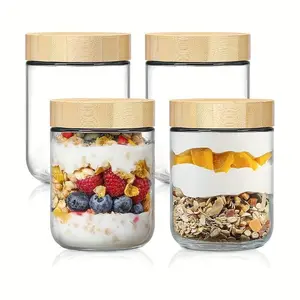 4-Piece Overnight Oat Containers with Bamboo Lids, Sealed Glass Jars for Meal Prep, Wide Mouth Mason Salad Jars, Food Storage Containers