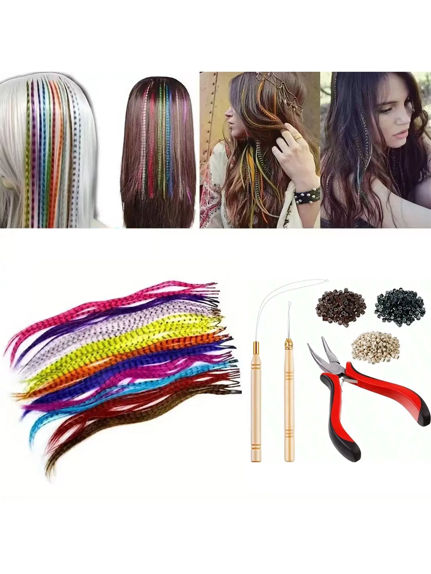 13 Color Feather Hair Extensions Set, Includes Nano Clip, Hair Hook, Bead Tools, 100pcs 5mm Micro Rings, Complete Kit, DIY Extension Kit