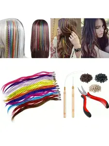 13 Color Feather Hair Extensions Set, Includes Nano Clip, Hair Hook, Bead Tools, 100pcs 5mm Micro Rings, Complete Kit