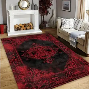 1pc Retro Bohemian Red And Black Area Faux Cashmere Rugs For Living Room, Floor Carpet For Bedroom, Carpets Home Decor Rugs, Homestay Hotel, Non-Slip Machine Washable Carpet, Home Decor Room Decor