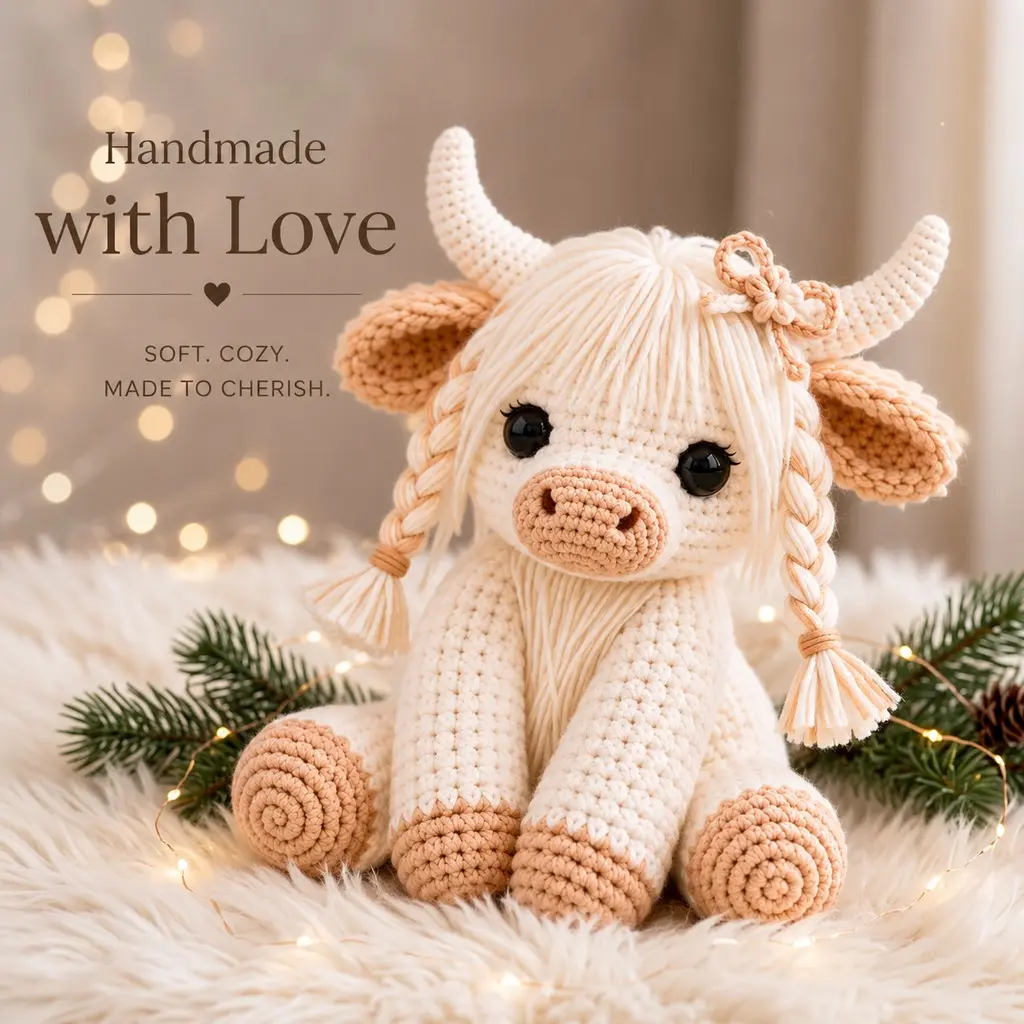 Highland Cow DIY Crochet Amigurumi Kit, Includes Yarn, Hooks, Pdf Guide, Video Tutorial, Perfect for Beginners, Ideal Gift for Home Decor