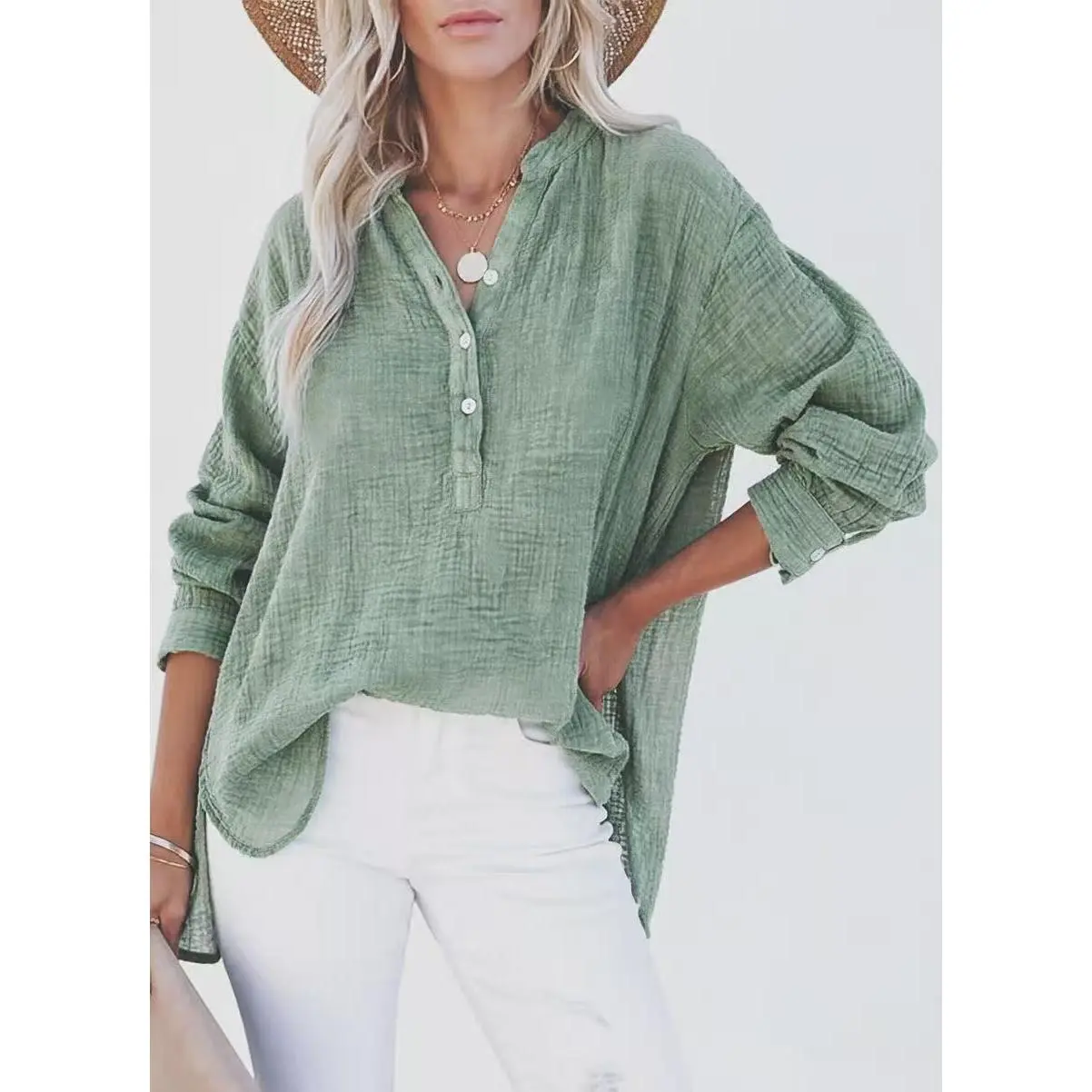 Women's Casual Long Sleeve Flowy Soft Basic Breathable Henley Blouse - Loose V-Neck Textured High-Low Button-Front Tunic Top, Lightweight Oversized Everyday Pullover for Spring Fall, Daily Wear, Work