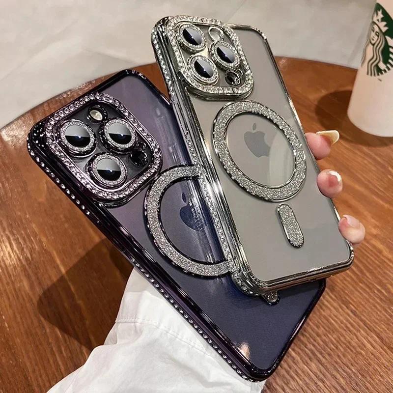Luxury Bling Crystal Lens Film Phone Case For iPhone 15 11 12 13 14 Pro Max Plus Magsafe Magnetic Wireless Charging Clear Cover