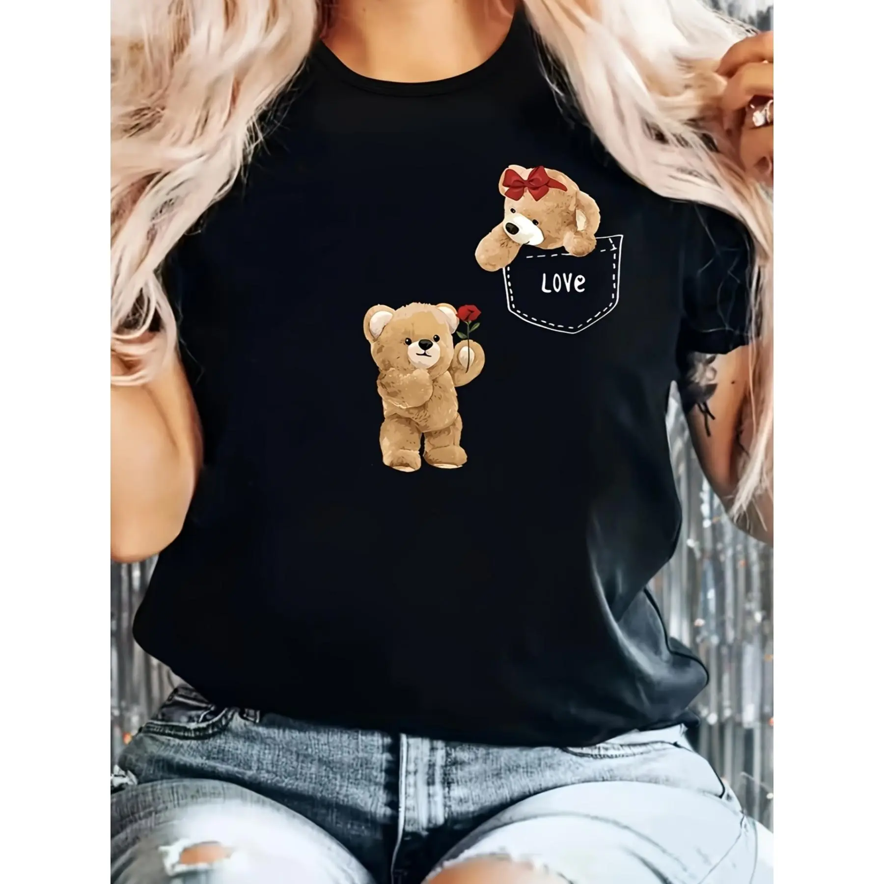 [Cute Teddy Bear T Shirt] Soft Women's Black Cute Teddy Bear LOVE Graphic T-Shirt| Machine Washable All-Season Comfort Fit, Durable Fabric Shirt, Round Neck Short Sleeve Casual Top