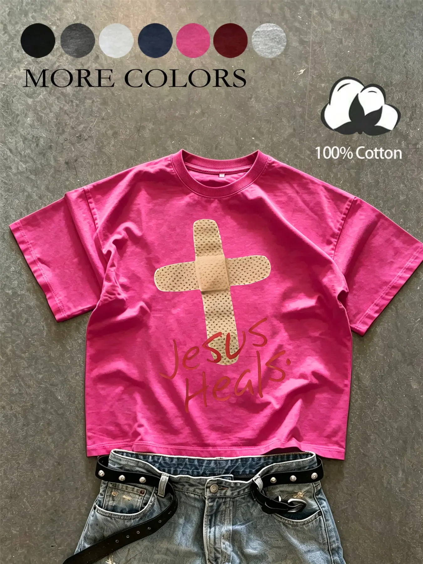 Unisex, street style, casual, short-sleeved T-shirt, Tops, “Jesus Heals” band-aid cross-stitch print cotton T-shirt, European and American street style, relaxed fit, Ideal for churchgoers and believers for everyday outings, representing a sense o
