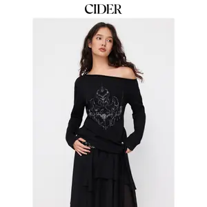 Cider Cotton-blend Abstract Graphic Asymmetrical Neck Long Sleeve Tie Side Oversized Tee SummerFinds