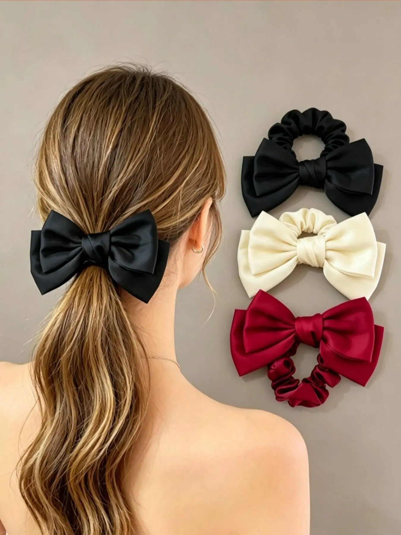 3 Pieces Women Girls Solid Color Silky Satin Large Bow Hair Scrunchies, Elegant Princess Style Elastic Ponytail Hair Ties, Fashion Hair Accessory Kit for Daily Wear, Birthday Parties and School Stage Performances
