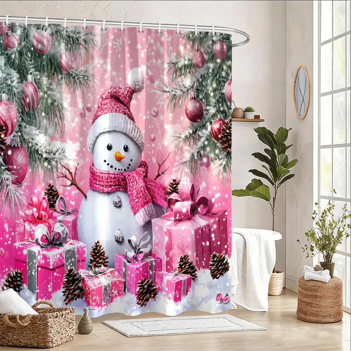 2D Flat Christmas Shower Curtain Set with 12 Hooks - Multiple Designs Including Snowman, Winter Tree & Gift Box Prints for Bathroom Bathtub Hanging Multicolor Fireworks Festive Poinsettia