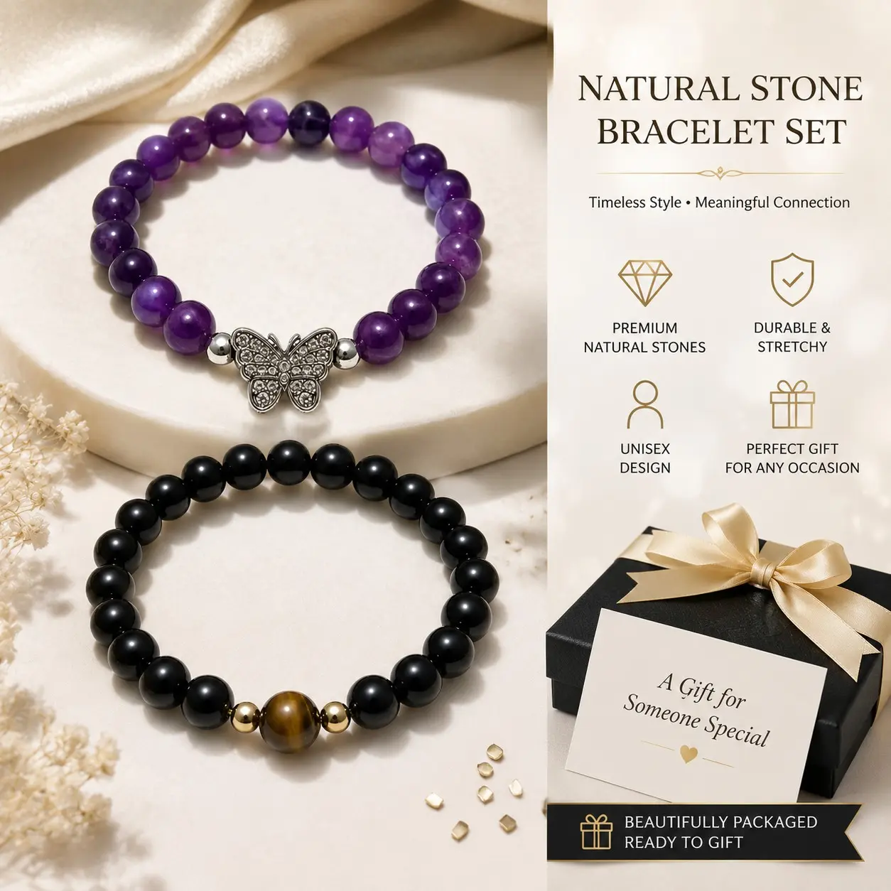 Natural Stone Bracelet Set 2 Pack, Handmade Stretch Bead Bracelets for Women Men, Crystal Style Jewelry, Everyday Wear Gift