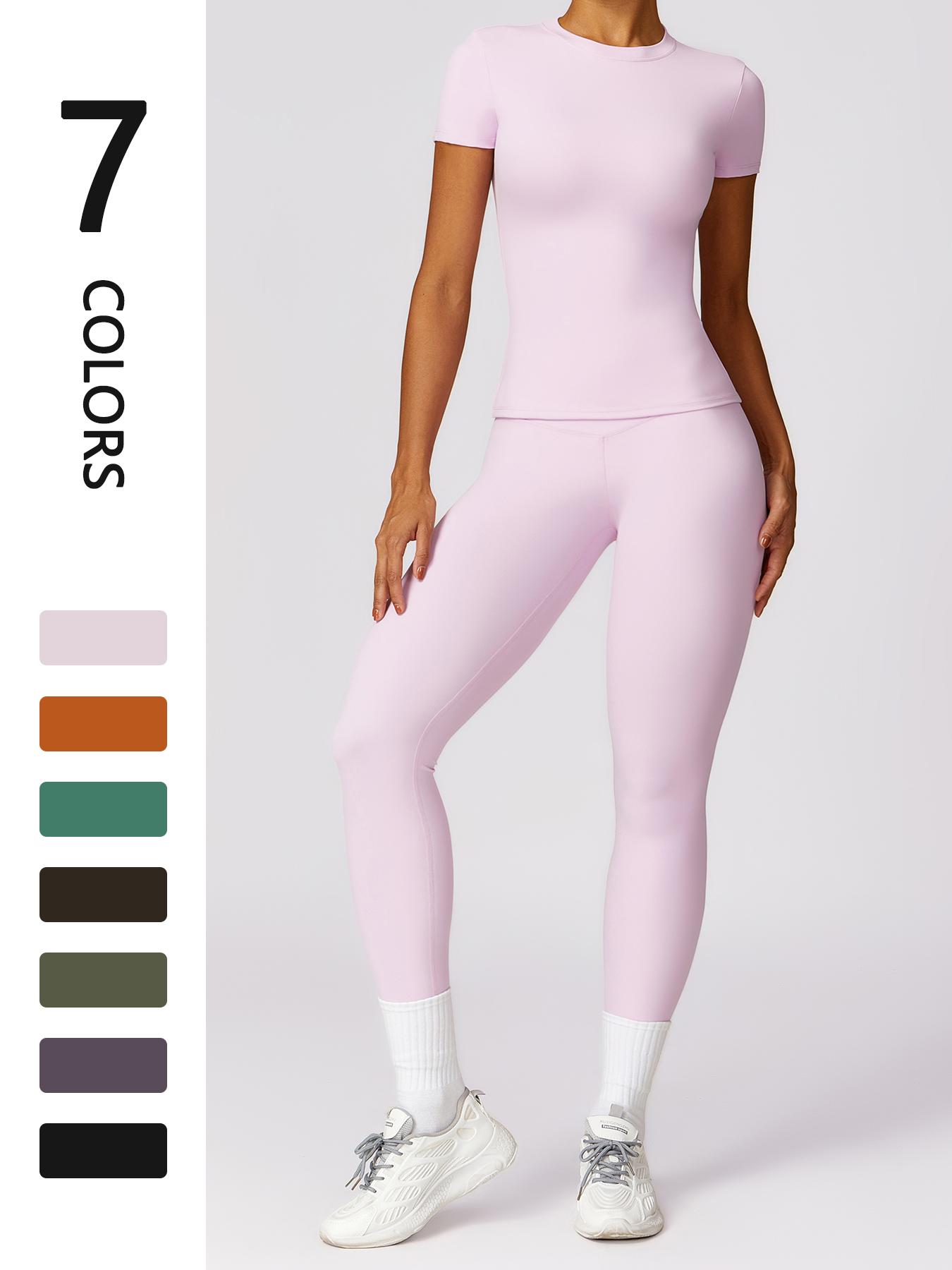 Women's Solid Round Neck Tee & High Waist Leggings Sportswear Set, Breathable Quick Drying Short Sleeve T-shirt & Skinny Pants, Ladies Sportswear for Indoor Outdoor Wear