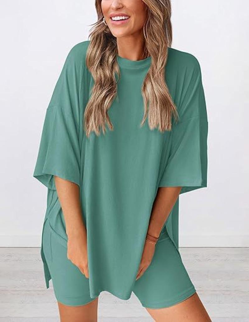 Women's Summer Casual Solid Color Crew Neck Slit Loose Short Sleeve Top with Pocket, Shorts Set Comfy Loungewear for Home Women's Summer Casual Solid Color Crew Neck Slit Loose Short Sleeve Top with Pocket, Shorts Set Comfy Loungewear for Home