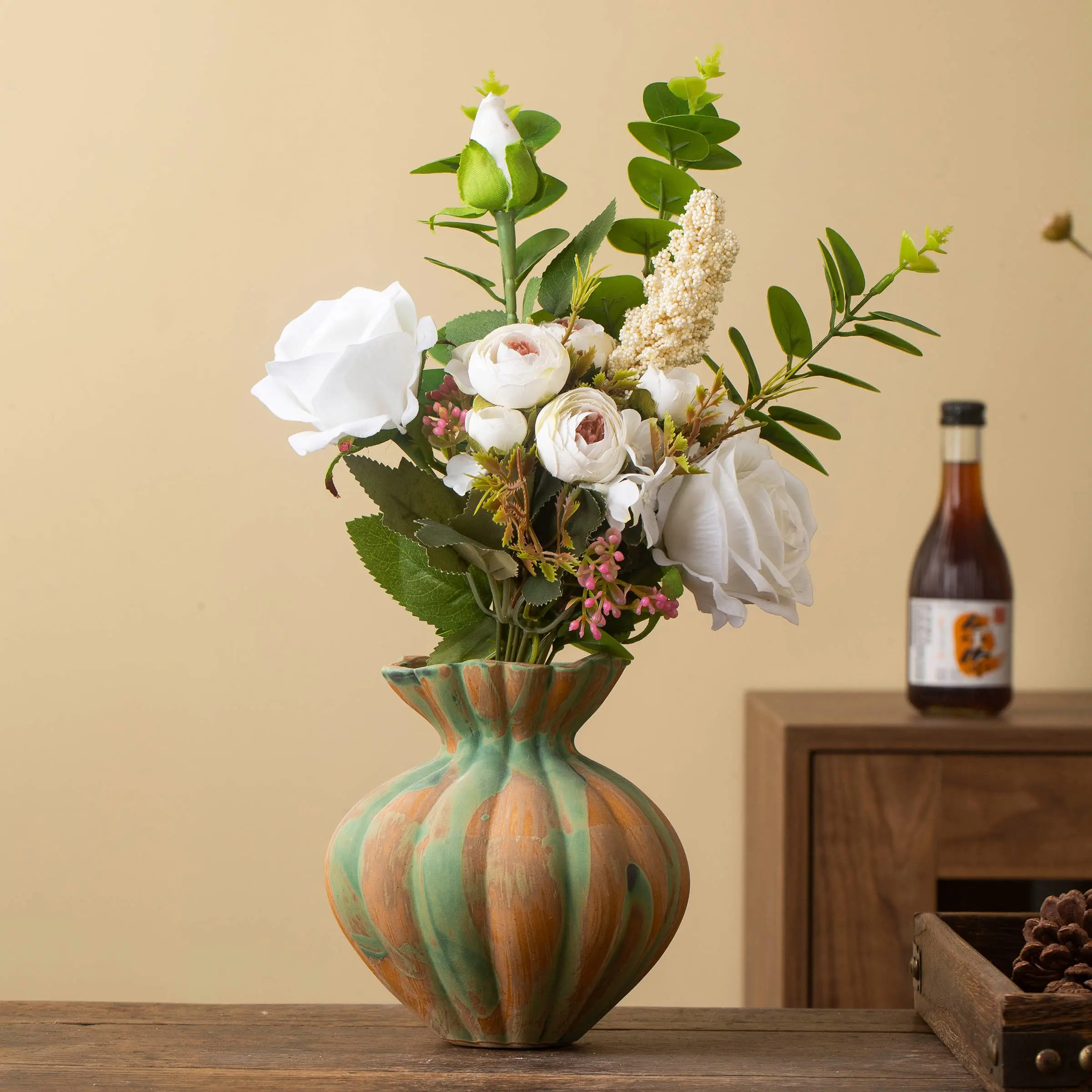 Vintage Ceramic Vase with Vertical Texture, Large Belly Flower Arrangement, Living Room Decor, Mid-Century Style Desktop Ornament, Jingdezhen Ceramics