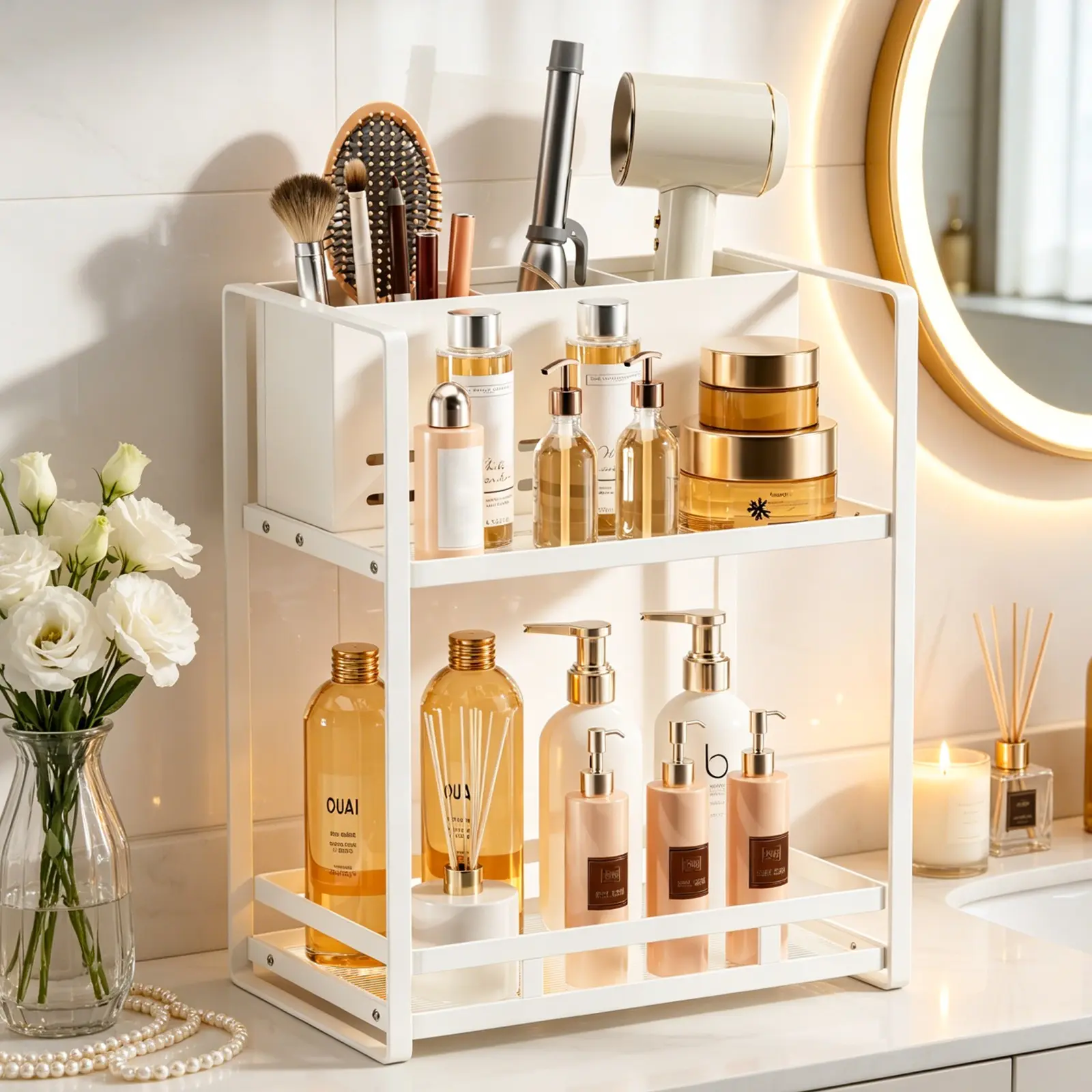 1 pc, cosmetics organizer, can hold a hair dryer,Vanity Top Storage Rack,Lipstick, skincare products, perfume, and makeup brush organizers,No drilling required for installation,Bathroom Vanity Storage Rack,Suitable for bedrooms, bathrooms, and kitchens