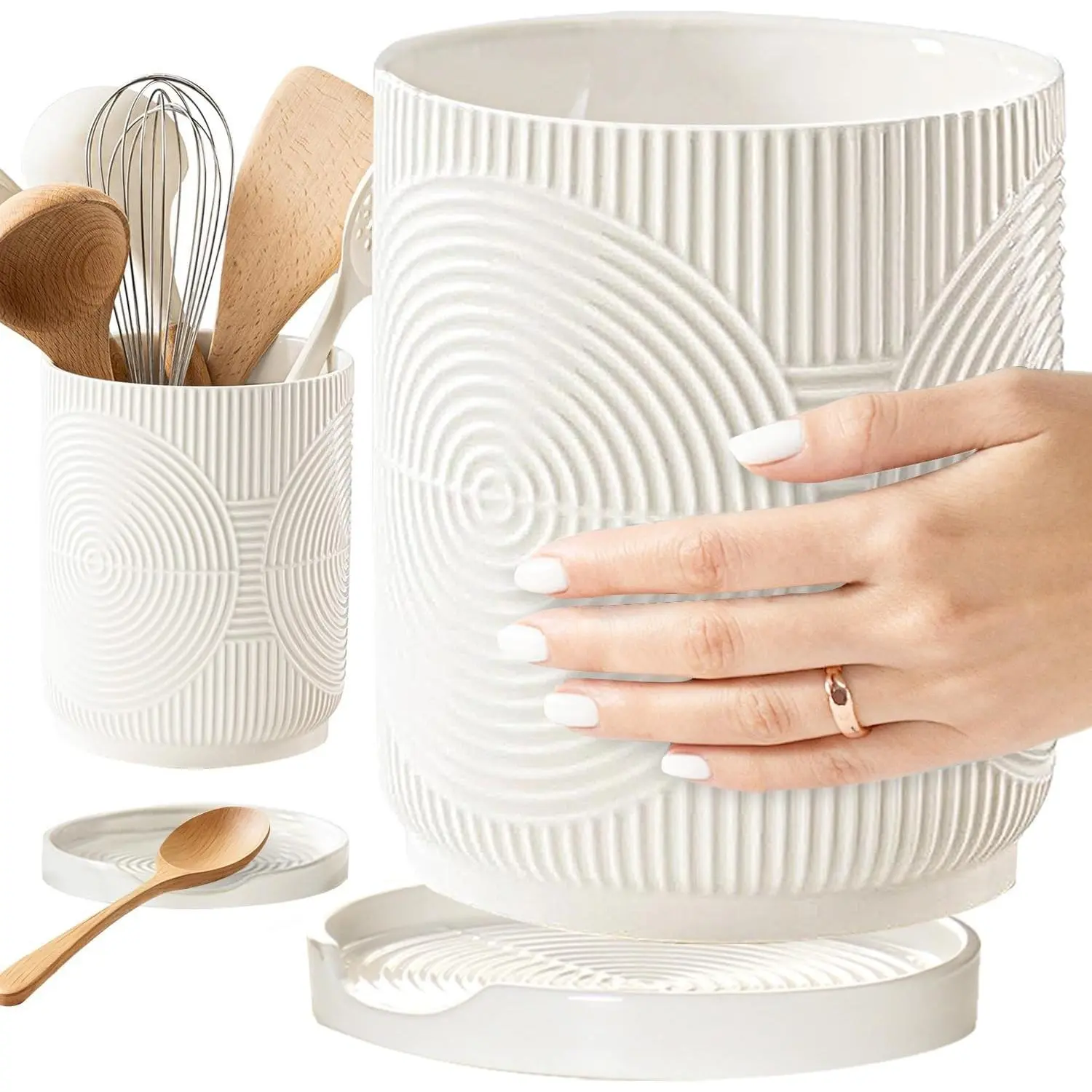 7.2in Compact Multi-Use Ceramic Tableware Utensil Holder, Spoon Rest Included, Countertop-Fit, Ideal Housewarming Gift (White), Fits Countertop