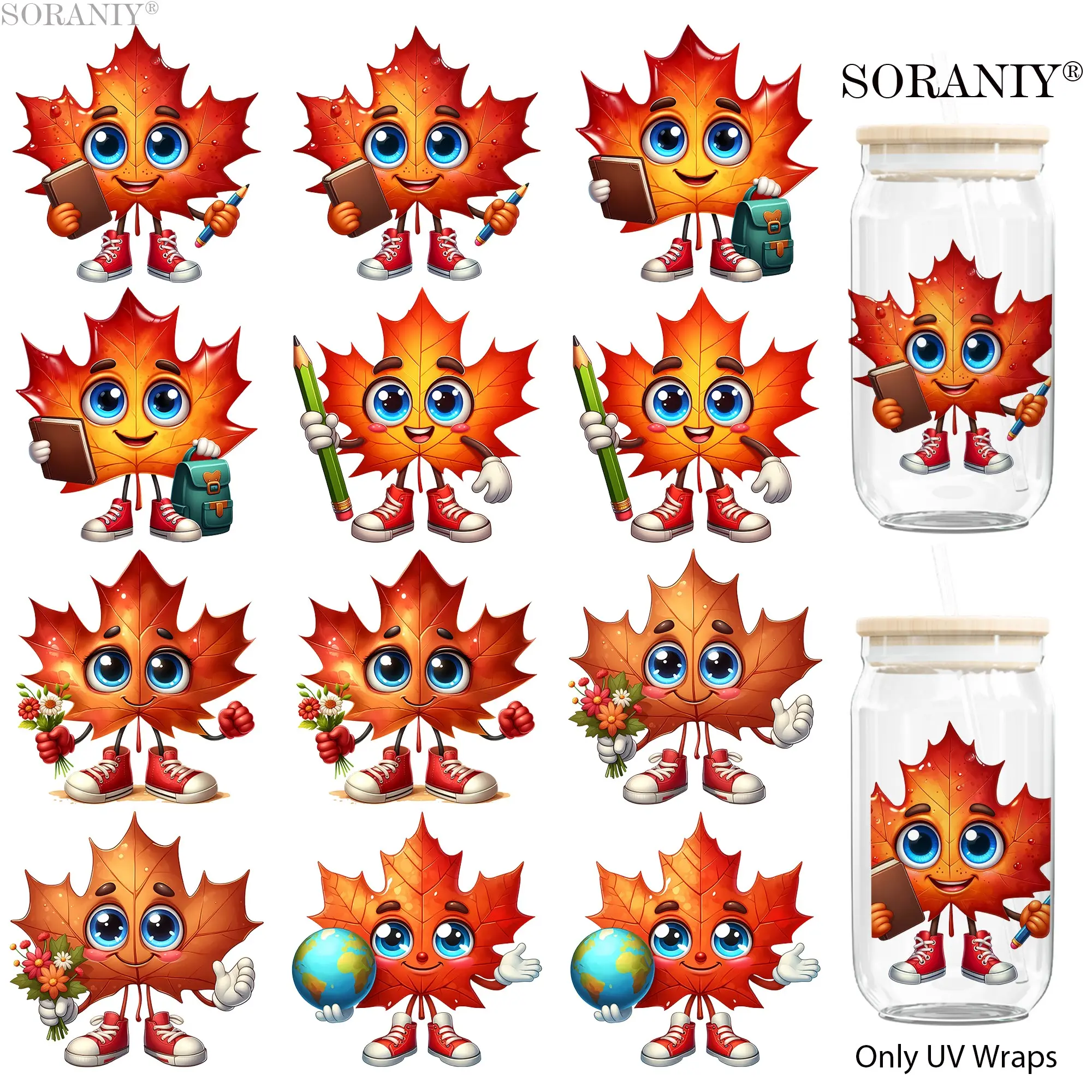 UV DTF Water Cup Sticker Set, 12 Fall Leaf Themes, Waterproof, High Adhesive, DIY Transfer Paper, for Cups Bottles Furniture Frames Gifts