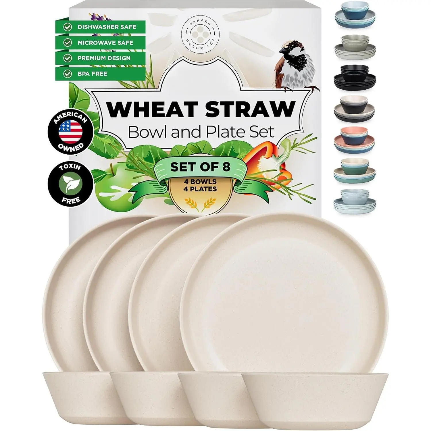 8-Piece Modern Round Sahara Wheat Straw Tableware Set - Lightweight, Unbreakable Synthetic Plastic Plates & Bowls, Microwave-Safe for Outdoors, Camping