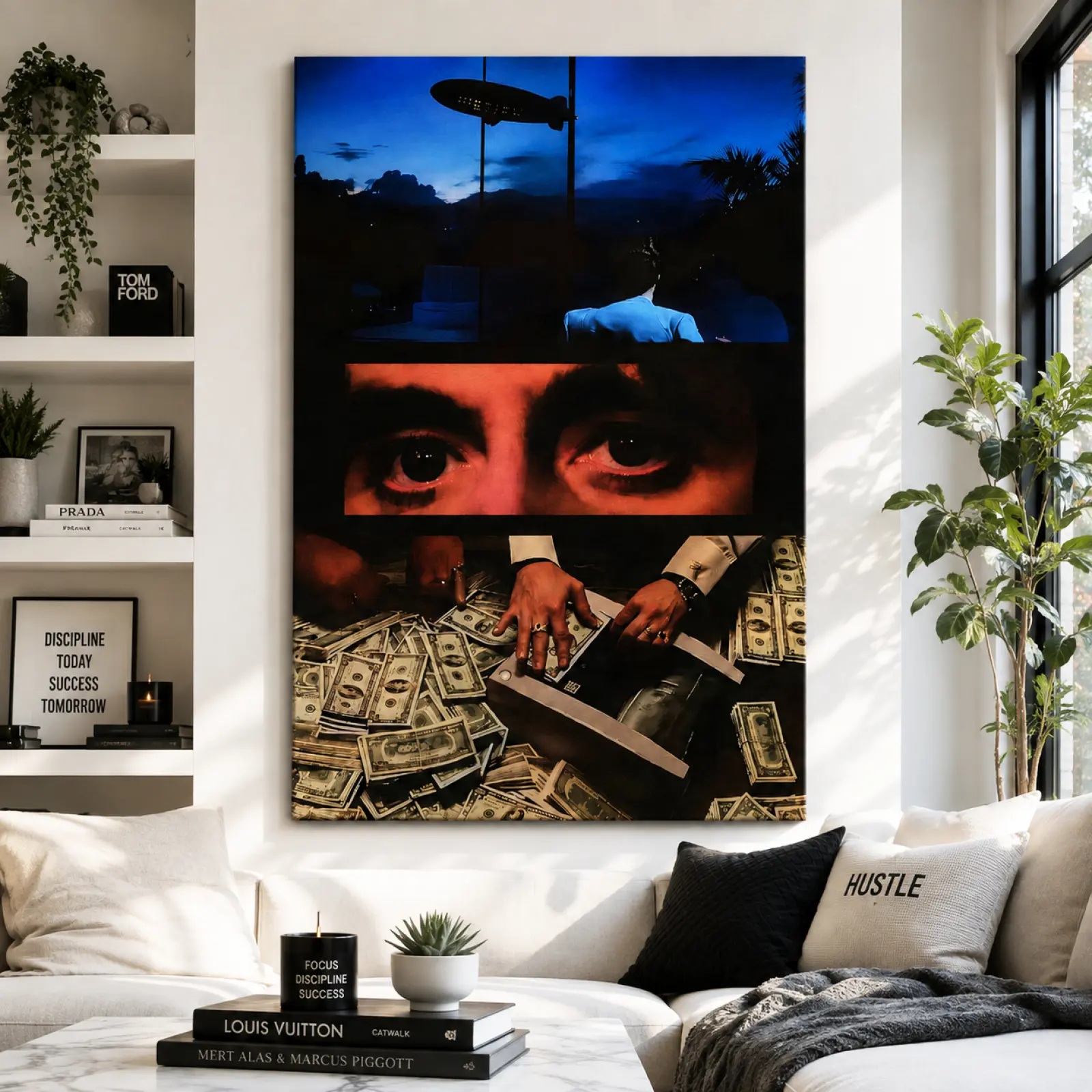 Money Aesthetic Canvas Wall Art Poster,Luxury Lifestyle Poster for Living Room,Bedroom & Office,Modern Dark Blue Cash Collage Wall Decor,Hype Room Decor,Apartment Decor,Gift for Men,Unframed Canvas Print