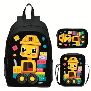 Digital Printing Construction Vehicle & Excavator Pet Cat 3-Piece Casual Backpack for Men & Women, Youth Functional Luggage Bag