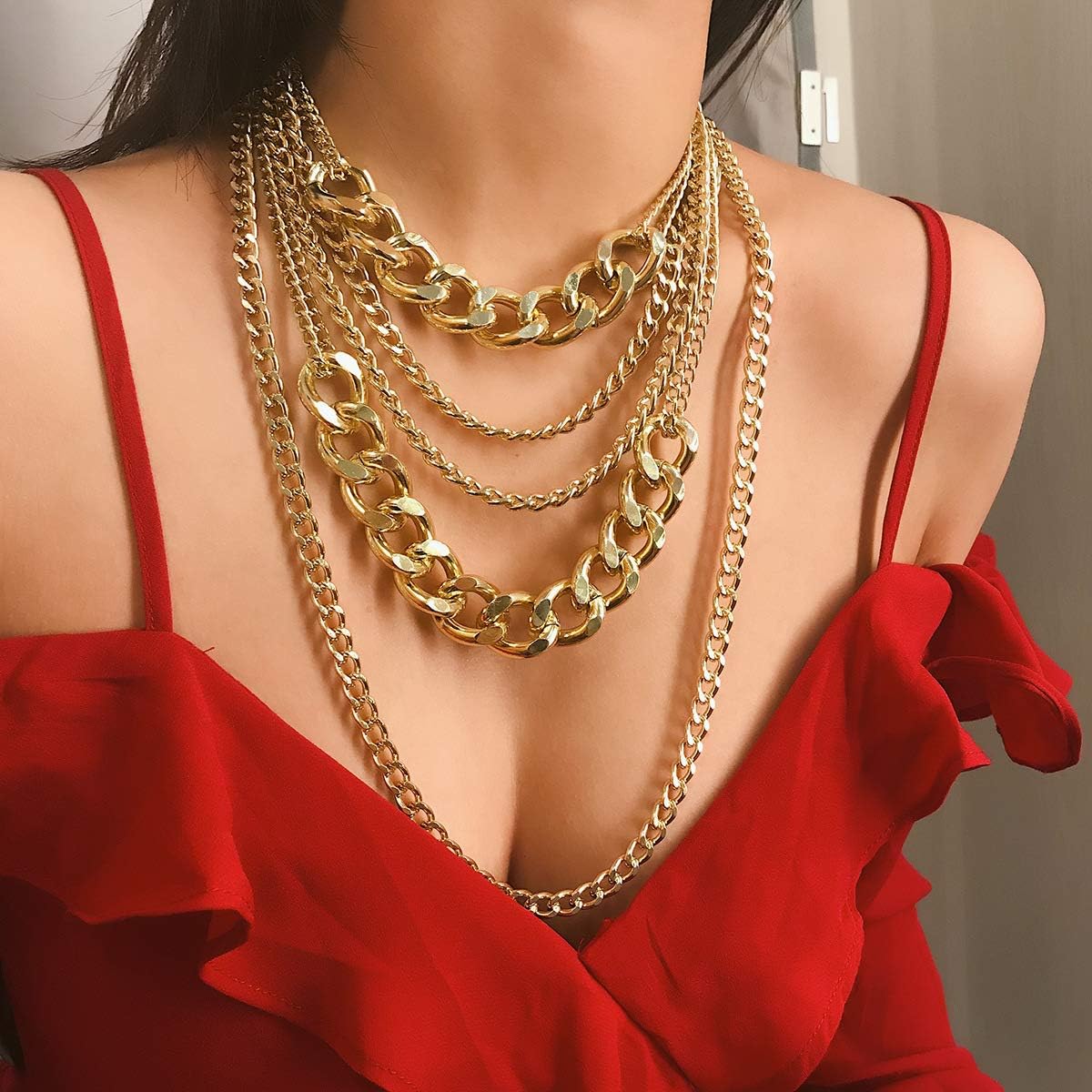 Chunky Gold Necklaces for Women,Multilayer Punk 80s Hip Hop Necklace,Layered Cuban Link Chain Statement Necklace 90s Freaknik Outfit Accessories for Women