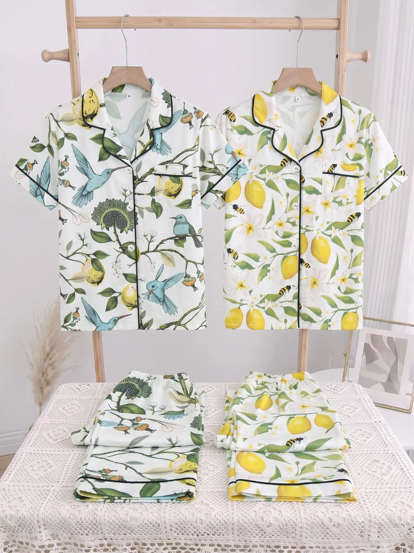 Women's Spring Summer Pajama Set, Short Sleeve Button Front Shirt and Pants, Casual Loose-Fit Home Wear, Lemon Print, 2-Piece Combo