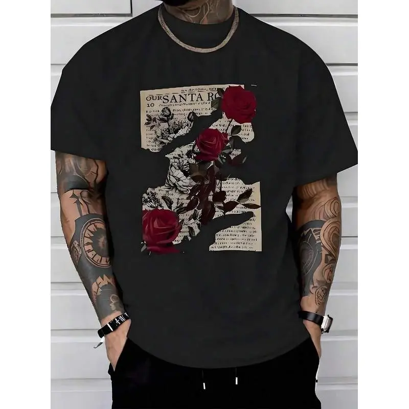 1 Piece, 100% Cotton, Printed T-Shirt With Rose Newspaper Pattern, Casual Men's T-Shirt In Season, T-Shirt With Round Neck And Cotton Short Sleeves, Outdoor Sports T-Shirt, Christmas And Thanksgiving Gift