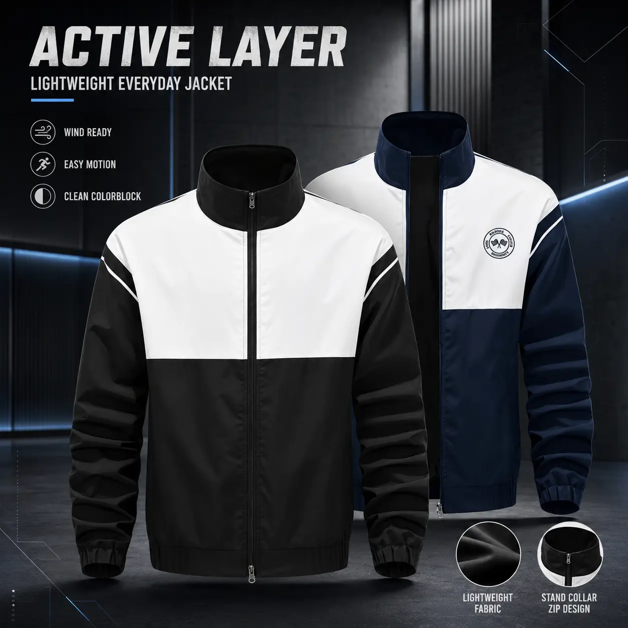 Men Stand Collar Color Block Wind Jacket Retro Logo Casual Running Streetwear Light Windproof Coat
