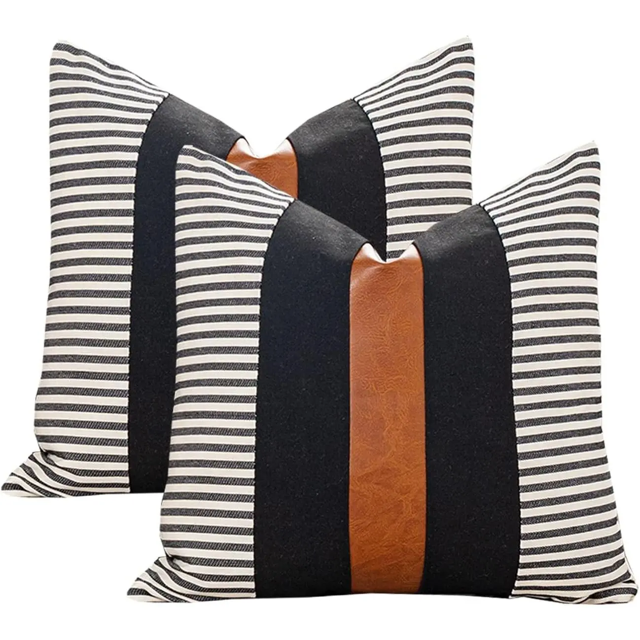2-Piece Boho Stripe Throw Pillow Covers (18in x 18in) - Faux Leather Farmhouse Cushion Covers for Living Room Couch, Natural Black & Brown Indoor Decor Pillow Cases, Two Piece Set, Stripe Pattern