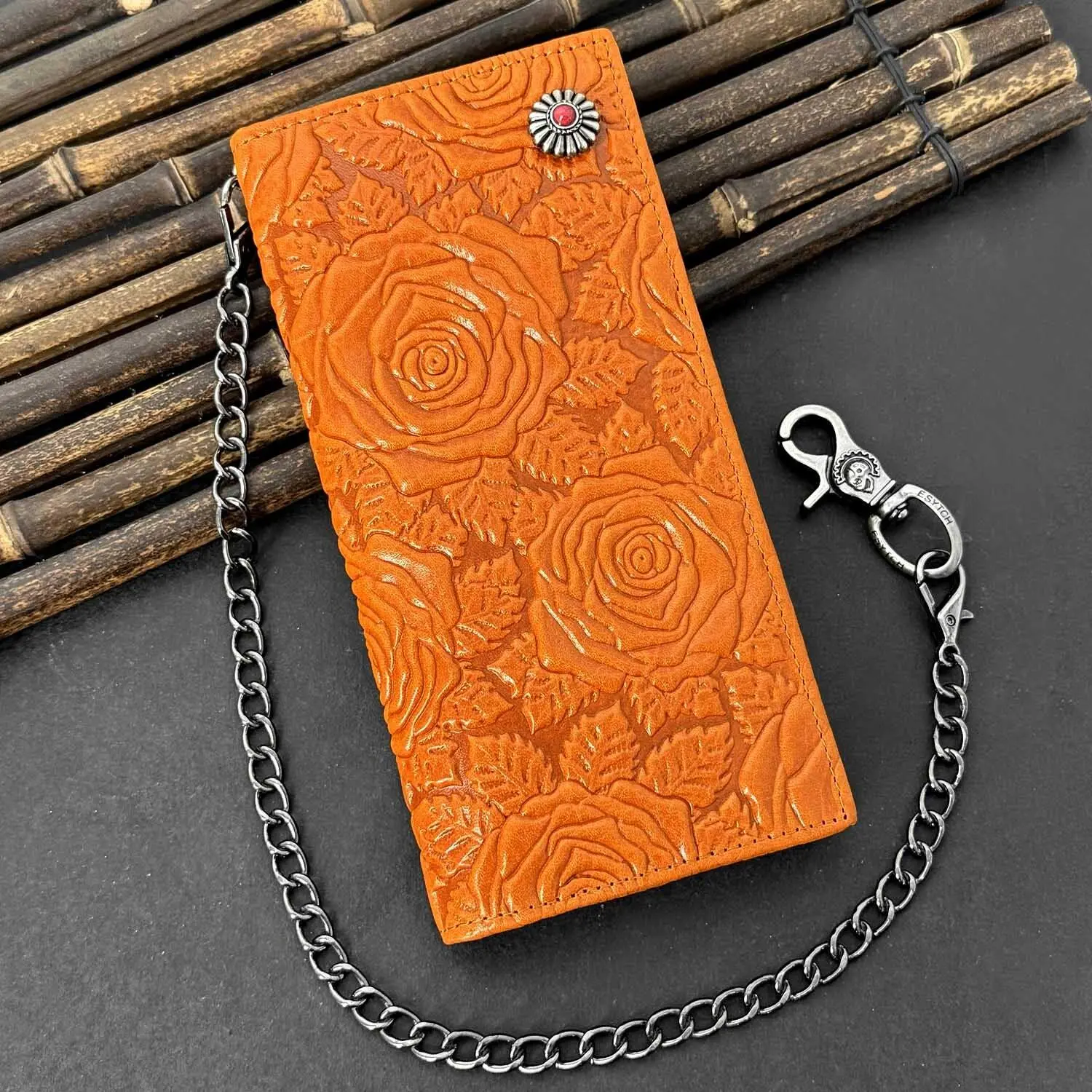 Women Rose Retro Long Leather Wallet Biker Handbag Purse With Chain