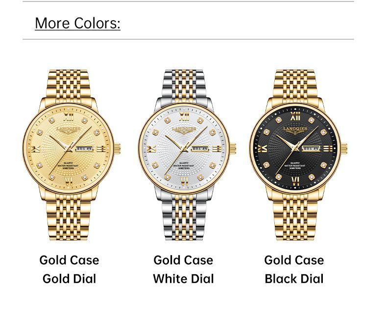 LANGQIES Elegant Multi-Function Men's Watch with Original Swiss Movement, featuring Dual Calendar, 42mm Dial, Sapphire Crystal, Stainless Steel Band, and Luminous Water-Resistant Design.
