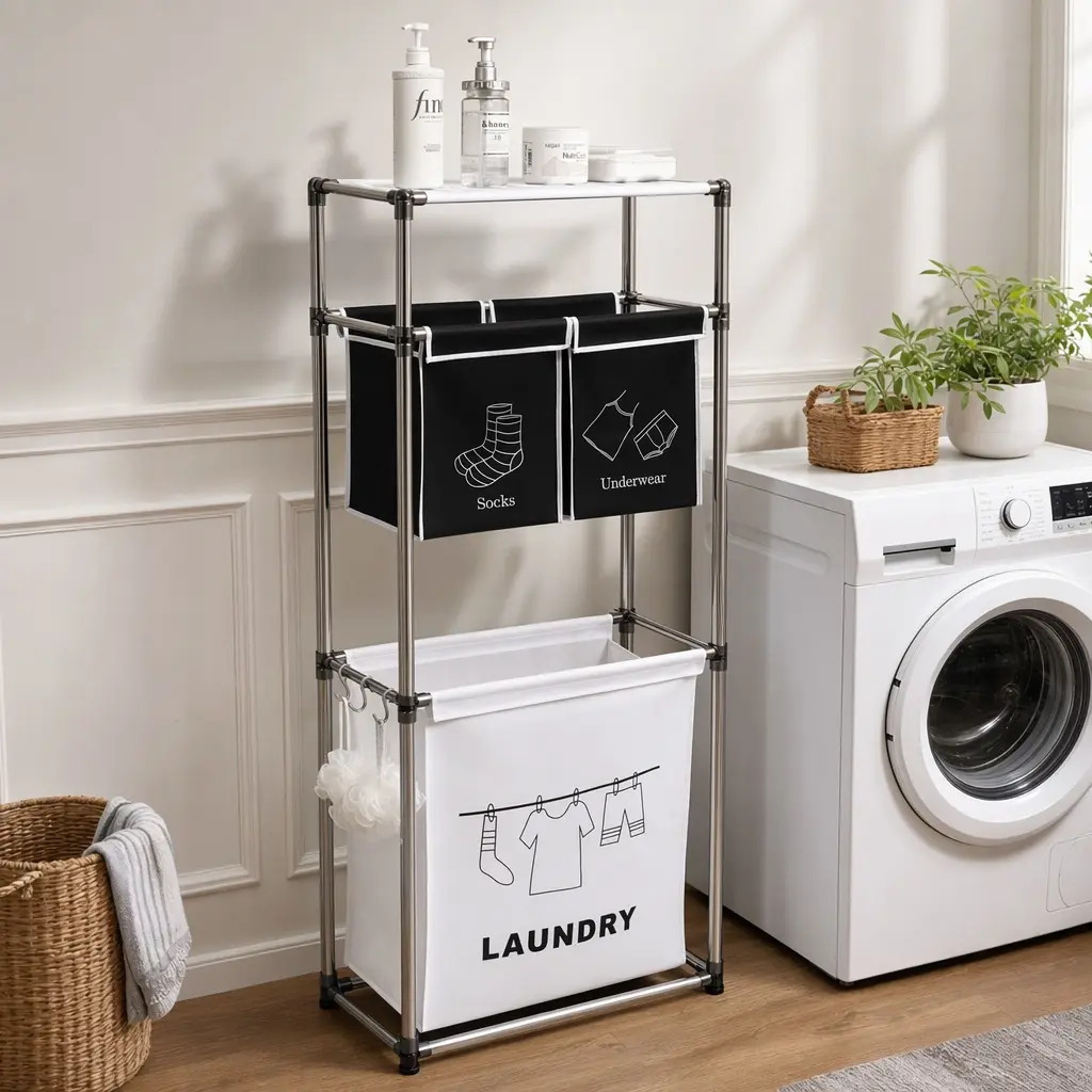 ARCH 3-Tier Laundry Hamper Sorter with 4 Removable Bags, 100L High-Capacity Storage Organizer, Rolling Wheels, Metal Hooks, Black-White Fabric, Shelves, Smooth Iron Single Box, Easy Install, Small Room Organization Product for Laundry Day