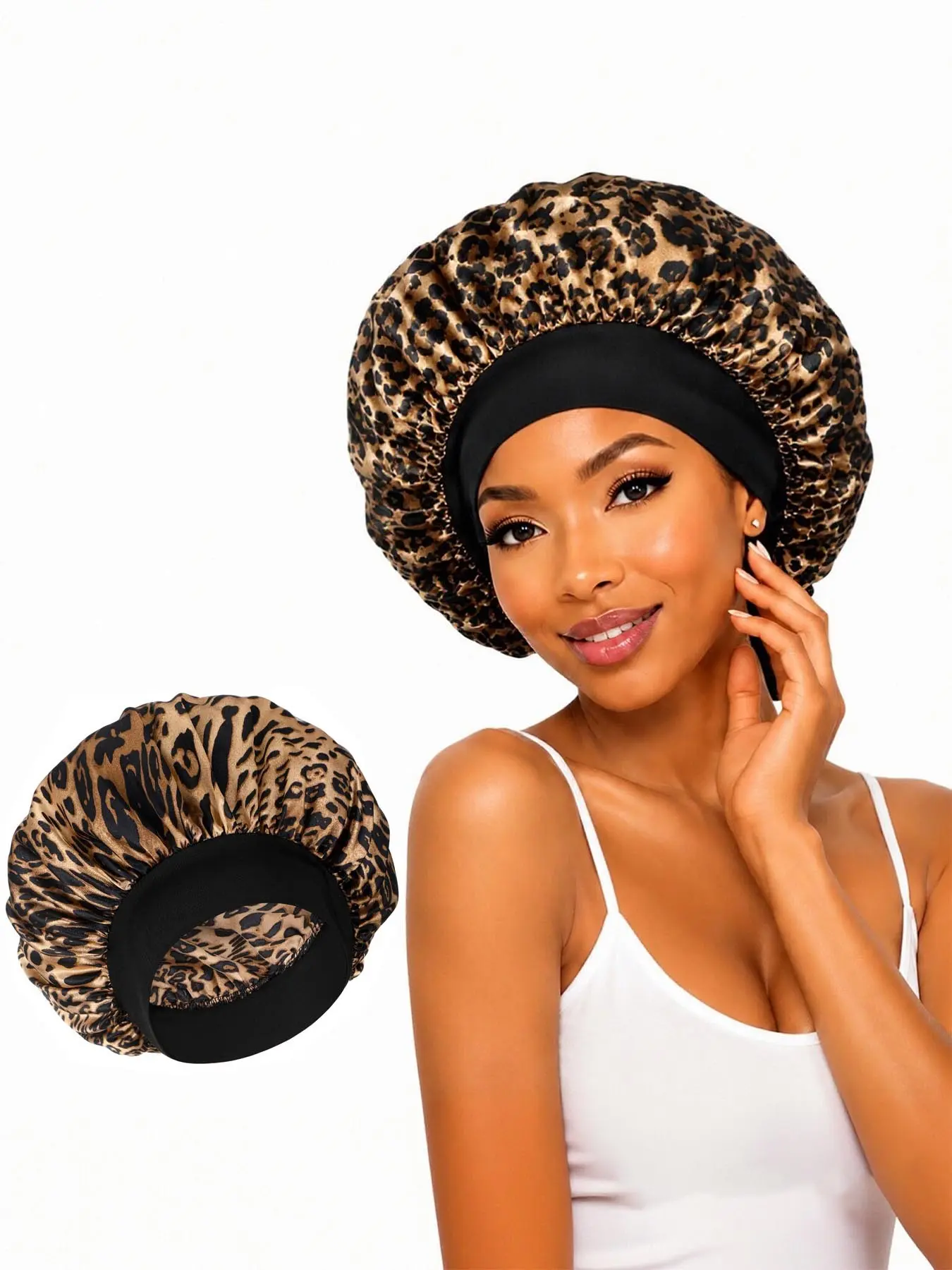 Single Layer Satin Bonnet Silk Hair Bonnet for Sleeping, Haircare, Sleep Bonnets for Women Large Wide Soft Elastic Band Silk Sleep Cap for Curly Hair Braids, Frizz, Soft and Breathable, Colors, Leopard Print, Black, Burgundy, Fuchsia, Light Pink, Purple