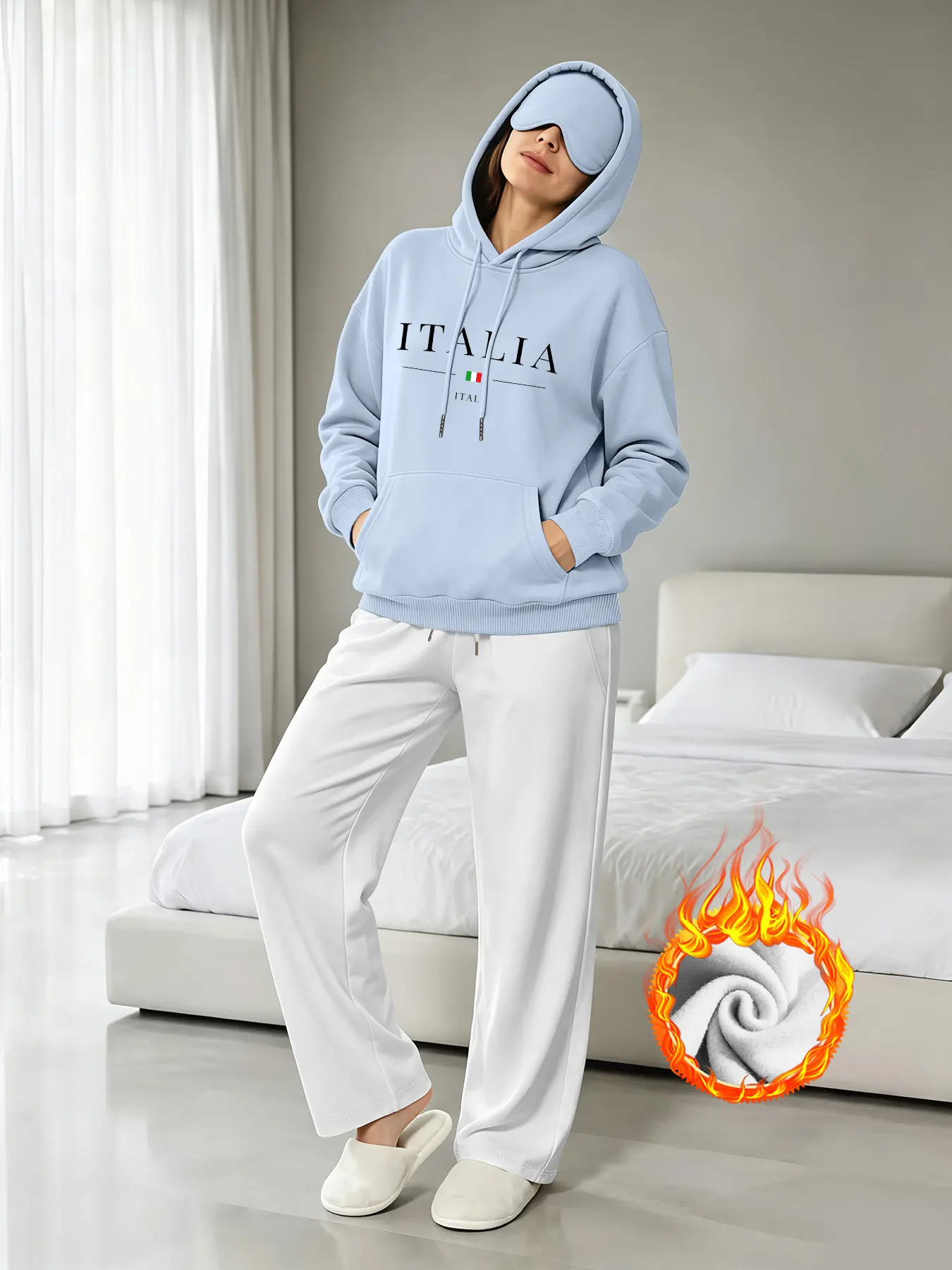 2-piece set Italian 1914 fashion autumn/winter fleece warm hooded sweatshirt with eye mask   straight-leg sweatpants set, solid color loose slimming sportswear two-piece set