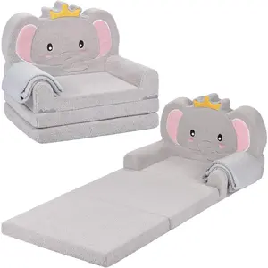 Kids Couch, 2-in-1 Soft Toddler Couch Fold Out with Blanket, Chair Comfy, Foldable Convertible Plush Sofa, Gifts  Kids Girl Boys, Elephant