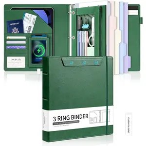 Green Leather 3 Ring Binder 1 Inch Round Ring,  Clipboard Folio with Storage Zipper Pouch, 5 Dividers with 10 Pockets, Professional Binder for School Office