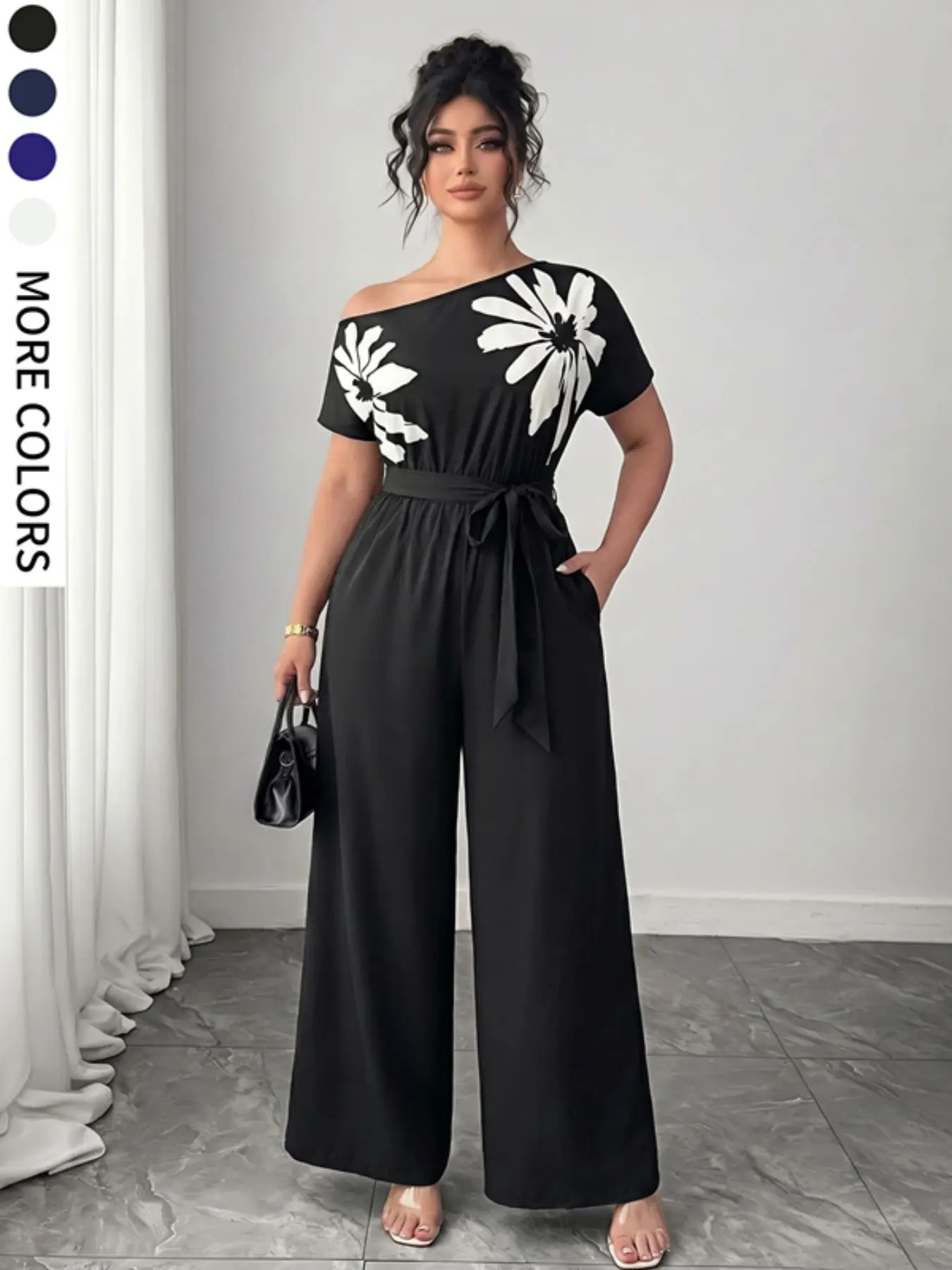 Plus Size Women's Solid Print Off-Shoulder Romper, Short Sleeve Asymmetrical Strap Design, Waist Belt with Hidden Pockets, Comfortable Casual Daily Wear Style