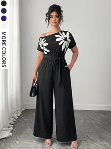 Plus Size Women's Solid Print Off-Shoulder Romper, Short Sleeve Asymmetrical Strap Design, Waist Belt with Hidden Pockets, Comfortable Daily Wear